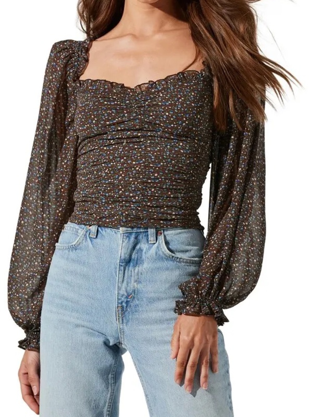 Astr Brown Floral Smocked Square-Neck Long Sleeve Blouse